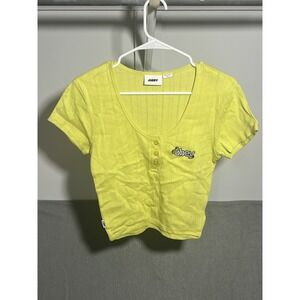 OBEY Women's Neon Yellow Cropped Henley Top Size M Short Sleeve Embroidered Logo